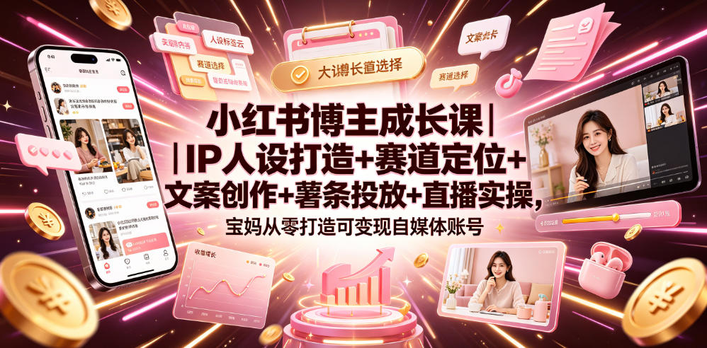 小红书博主成长课｜IP人设打造+赛道定位+文案创作+薯条投放+直播实操，宝妈从零打造可变现自媒体账号-问小徐资源库