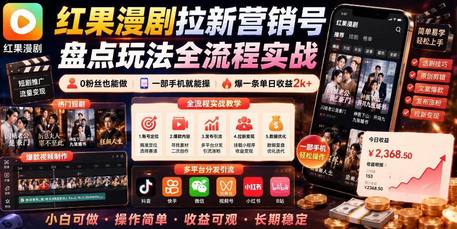 红果漫剧拉新营销号盘点玩法全流程实战，0粉丝也能做，一部手机就能做，爆一条单日收益2k+(更新0628)-问小徐资源库
