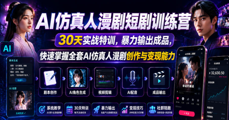 AI仿真人漫剧短剧训练营，30天实战特训，暴力输出成品，快速掌握全套AI仿真人漫剧创作与变现能力-问小徐资源库