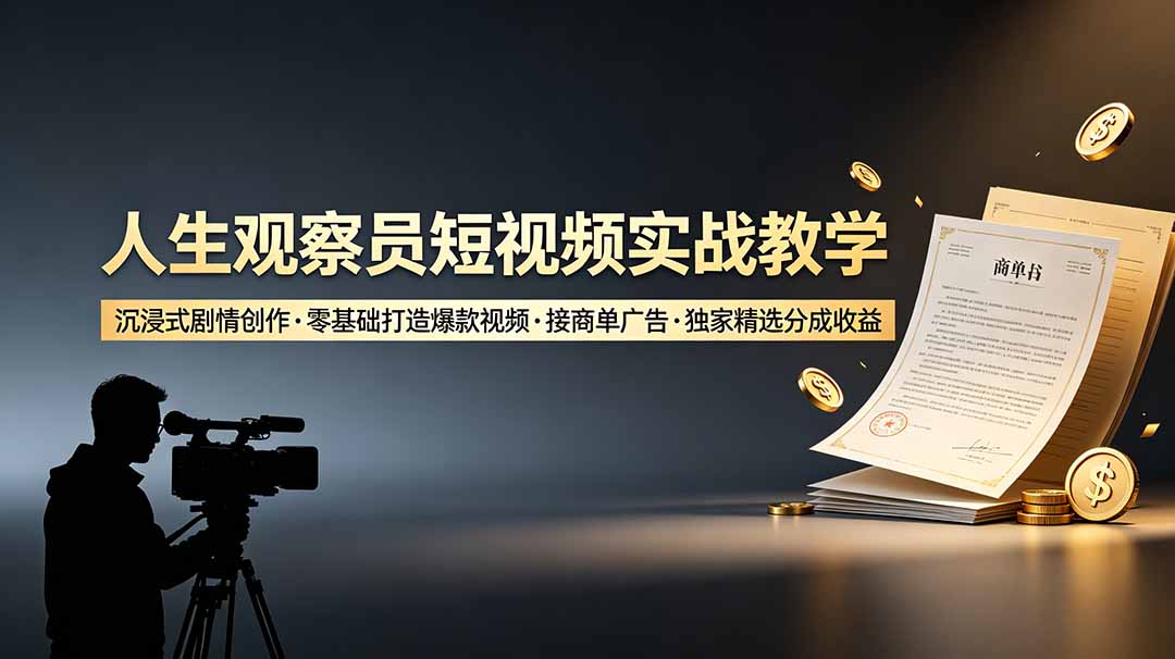 人生观察员短视频实战教学，沉浸式剧情创作，零基础打造爆款视频，接商单广告，独家精选分成收益-问小徐资源库