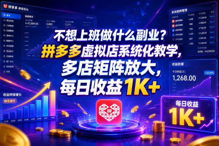 不想上班做什么副业?拼多多虚拟店系统化教学,多店矩阵放大,每日收益1K+【揭秘】-问小徐资源库