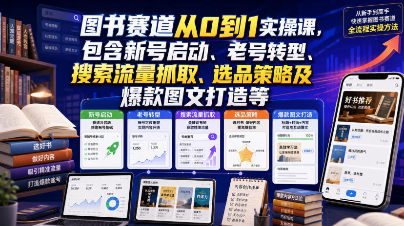 图书赛道从0到1实操课,包含新号启动、老号转型、搜索流量抓取、选品策略及爆款图文打造等-问小徐资源库
