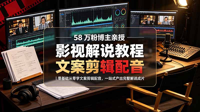 58 万粉博主荧幕春秋亲授影视解说教程｜零基础从零学文案剪辑配音，一站式产出完整解说成片-问小徐资源库