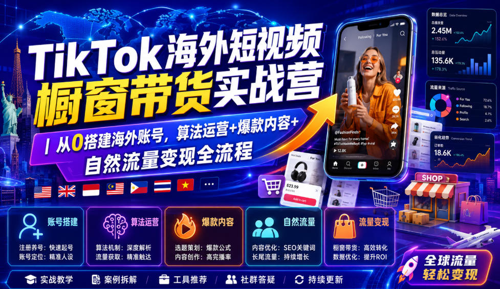 TikTok海外短视频橱窗带货实战营｜从0搭建海外账号，算法运营+爆款内容+自然流量变现全流程-问小徐资源库