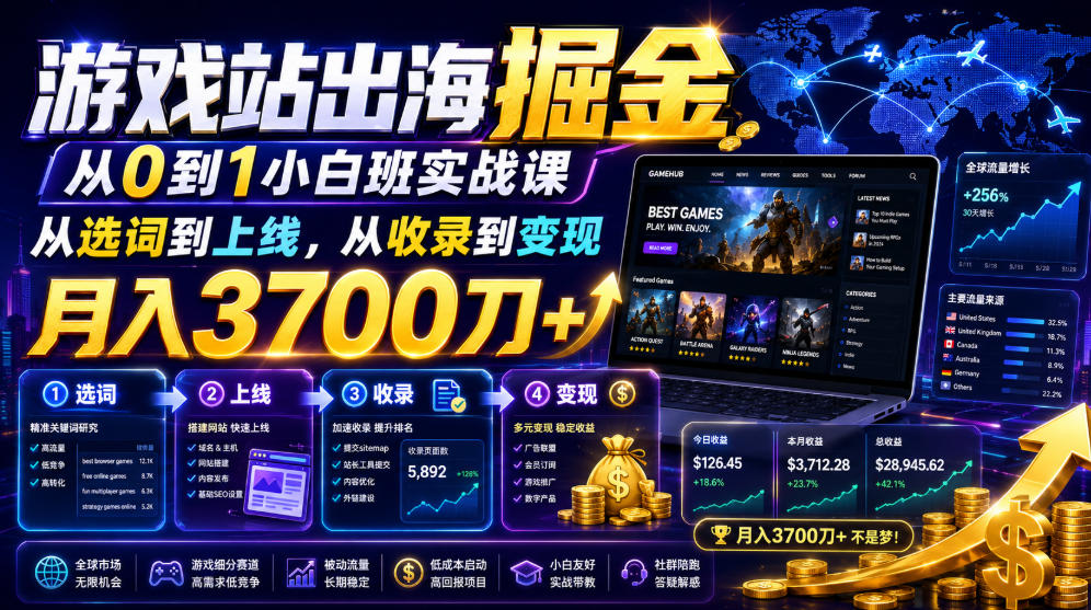游戏站出海掘金从0到1小白实战课，从选词到上线，从收录到变现，月入3700刀+-问小徐资源库