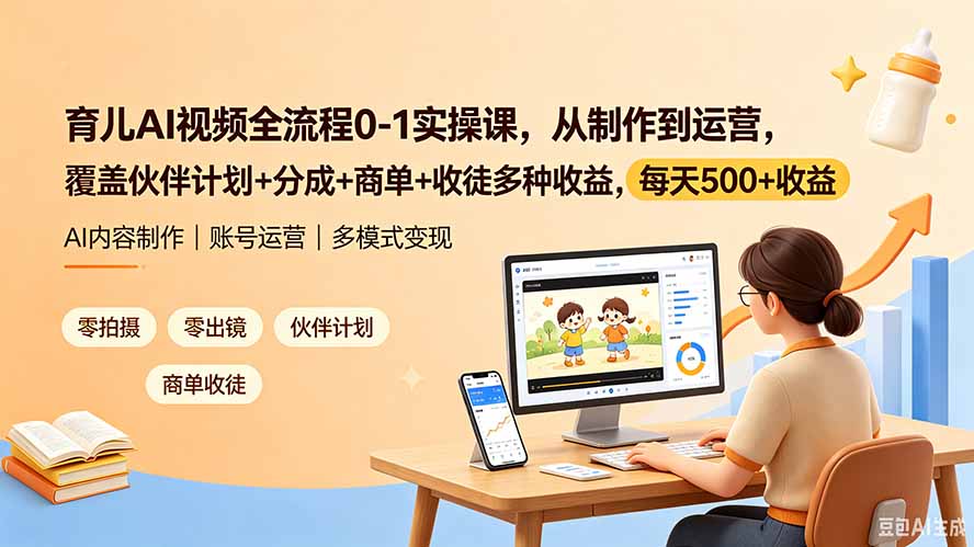 育儿AI视频全流程0-1实操课，从制作到运营，覆盖伙伴计划+分成+商单+收徒多种收益，每天500+收益-问小徐资源库