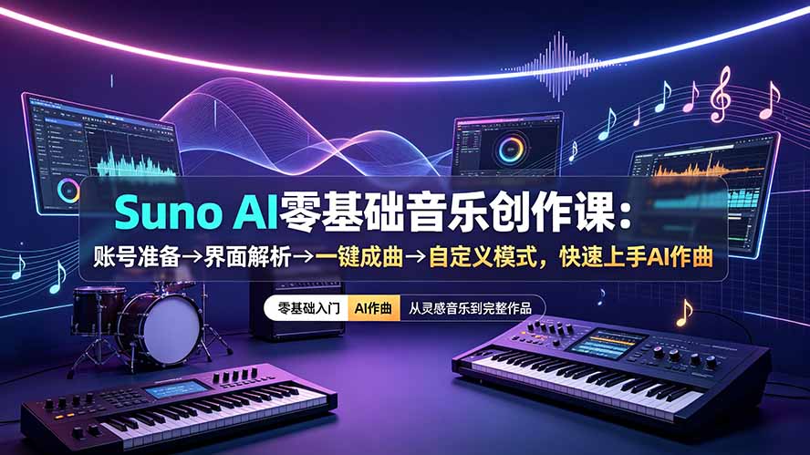 Suno AI零基础音乐创作课：账号准备→界面解析→一键成曲→自定义模式，快速上手AI作曲-问小徐资源库