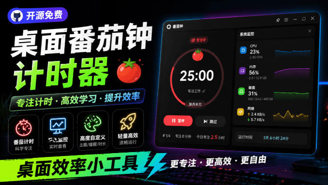 仅1.16MB，开源极简的桌面时钟、番茄钟计时器，还支持系统监控显示，桌面效率小工具Catime-问小徐资源库