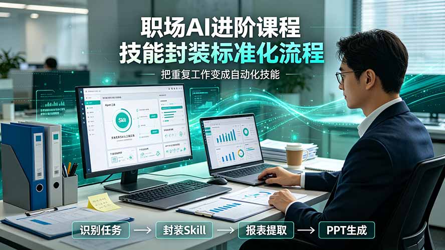 职场AI进阶课程；多类实用Skill工具实操，专属技能封装标准化流程，报表行业报告一键提取核心内容-问小徐资源库