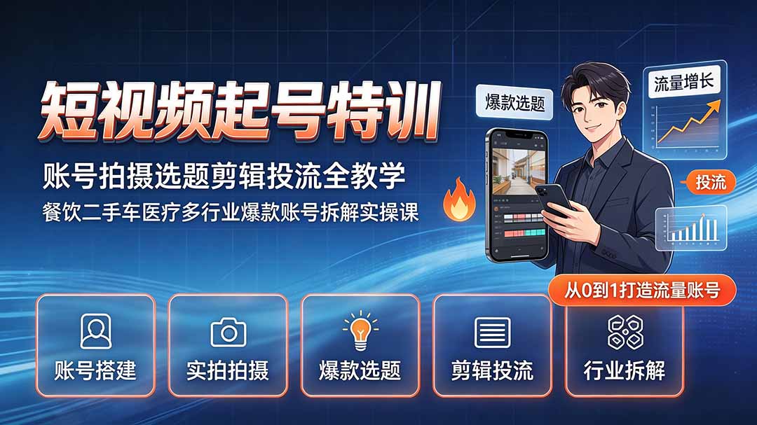 短视频起号特训|账号拍摄选题剪辑投流全教学,餐饮二手车医疗多行业爆款账号拆解实操课-问小徐资源库
