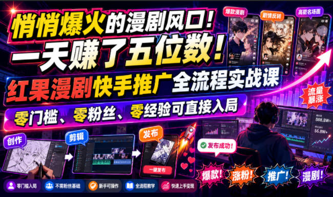悄悄爆火的漫剧风口!一天賺了五位数!红果漫剧快手推广全流程实战课,零门槛、零粉丝、零经验可直接入局-问小徐资源库