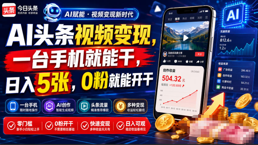 AI头条视频变现，一台手机就能干，日入5张，0粉就能开干-问小徐资源库