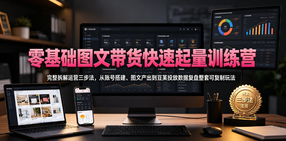 零基础图文带货快速起量训练营，完整拆解运营三步法，从账号搭建、图文产出到豆荚投放数据复盘整套可复制玩法-问小徐资源库