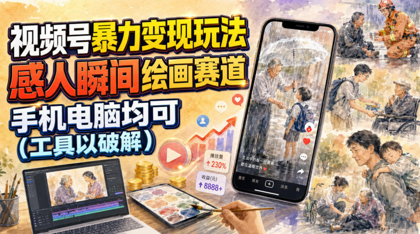 视频号暴力变现玩法，感人瞬间绘画赛道，手机电脑均可-问小徐资源库
