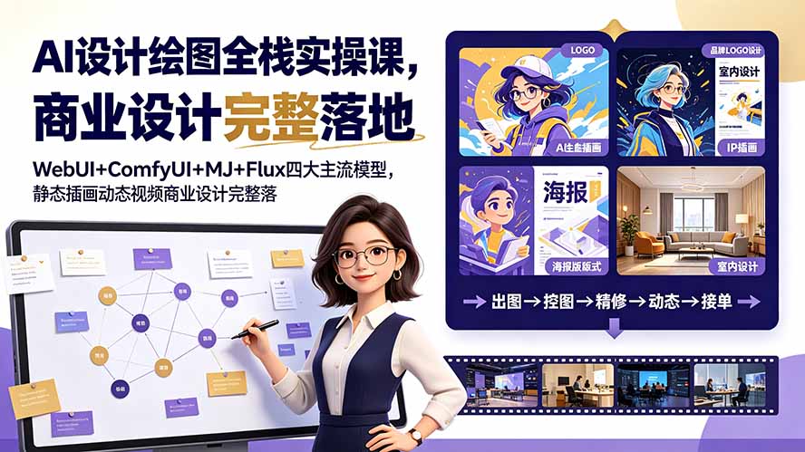 AI设计绘图全栈实操课，WebUI+ComfyUI+MJ+Flux四大主流模型，静态插画动态视频商业设计完整落地教程-问小徐资源库
