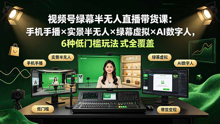 视频号绿幕半无人直播带货课:手机手播×实景半无人×绿幕虚拟×AI数字人,6种低门槛玩法全覆盖-问小徐资源库