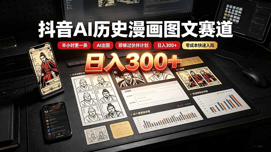 抖音AI历史漫画图文赛道:半小时更一条×AI出图×邪修过伙伴计划×日入300+,零成本快速入局-问小徐资源库