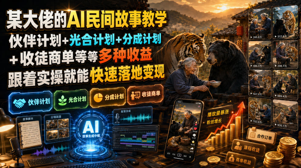 某大佬的AI民间故事教学，伙伴计划+光合计划+分成计划+收徒商单等多种收益，跟着实操就能快速落地变现-问小徐资源库