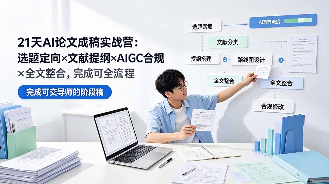 21天AI论文成稿实战营:选题定向×文献提纲×AIGC合规×全文整合,完成可交导师的阶段稿-问小徐资源库