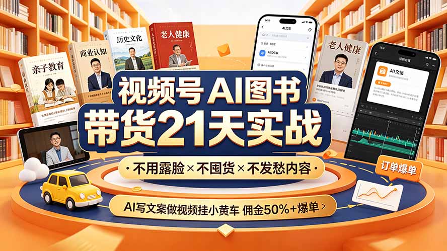 视频号AI图书带货21天实战:不用露脸×不囤货×不发愁内容,AI写文案做视频挂小黄车,佣金50%+爆单-问小徐资源库