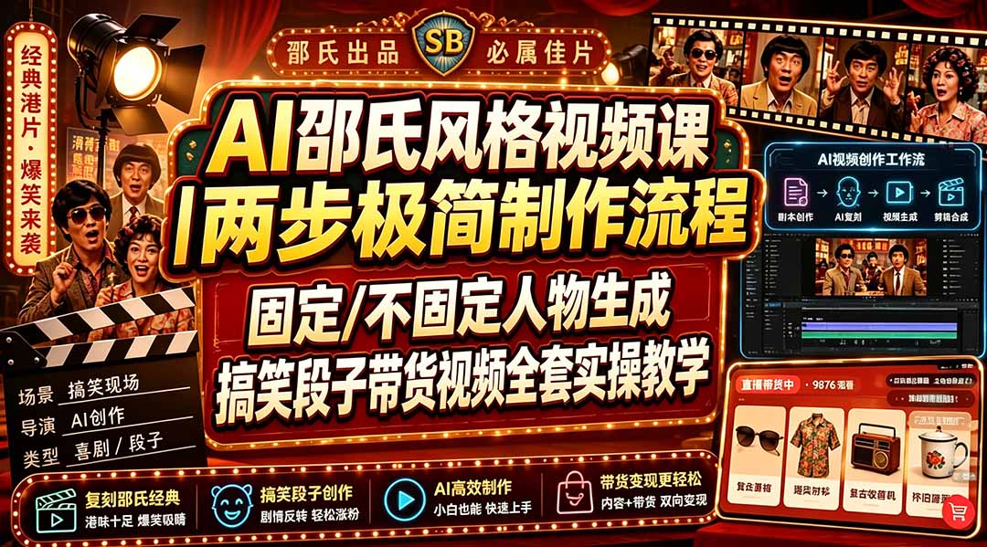 AI邵氏风格视频课｜两步极简制作流程，固定/不固定人物生成，搞笑段子带货视频全套实操教学-问小徐资源库