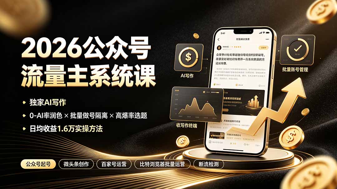 2026公众号流量主系统课:独家AI写作×0-AI率润色×批量做号隔离×高爆率选题,日均收益1.6万实操方法-问小徐资源库