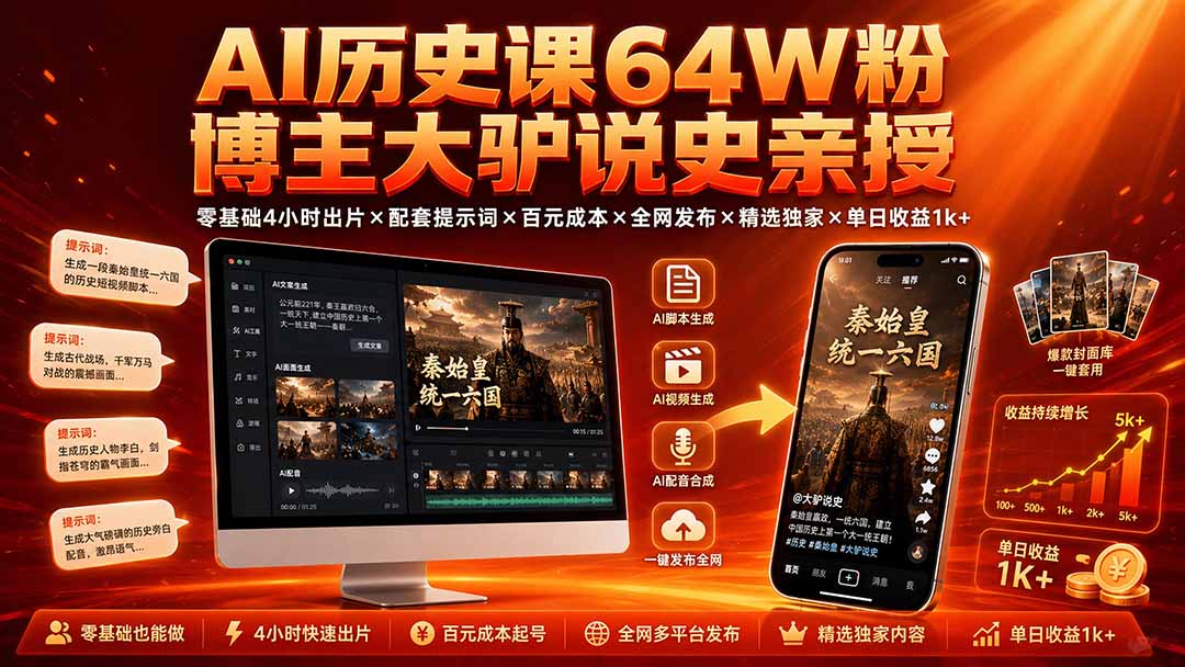 AI历史课64W粉博主大驴说史亲授：零基础4小时出片×配套提示词×百元成本×全网发布×精选独家×单日收益1k+-问小徐资源库