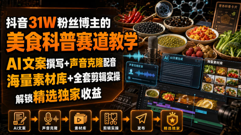 抖音31W粉丝博主的美食科普赛道教学，AI文案撰写+声音克隆配音+剪辑实操，解锁精选独家收益-问小徐资源库