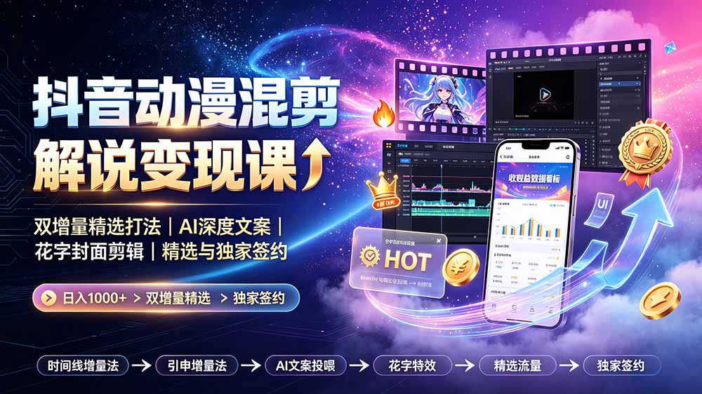 抖音动漫混剪解说变现课：双增量精选打法｜AI深度文案｜花字封面剪辑｜ 精选与独家签约日入1000+-问小徐资源库