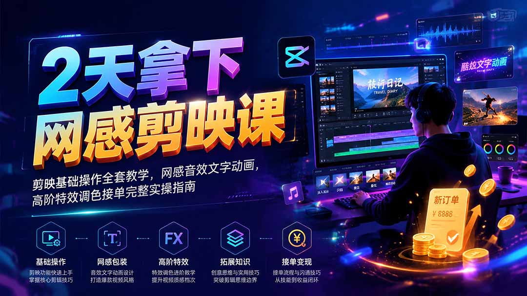 2天拿下网感剪辑课|剪映基础操作全套教学,网感音效文字动画,高阶特效调色接单完整实操指南-问小徐资源库