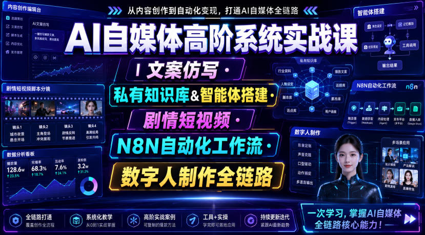 AI自媒体高阶系统实战课｜文案仿写・私有知识库&智能体搭建・剧情短视频・N8N自动化工作流・数字人制作全链路-问小徐资源库