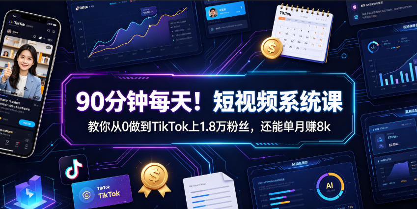 90分钟每天！短视频系统课教你从0做到TikTok上1.8万粉丝，还能单月賺8k【原创双语字幕】-问小徐资源库