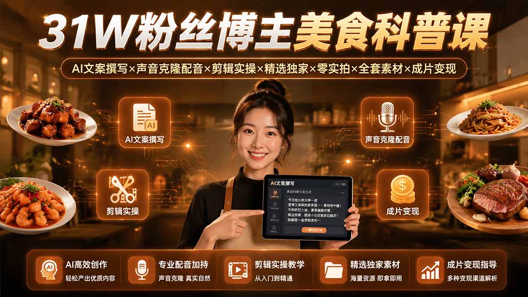 31W粉丝博主美食科普课：AI文案撰写×声音克隆配音×剪辑实操×精选独家×零实拍×全套素材×成片变现-问小徐资源库