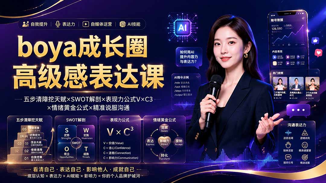 boya成长圈｜内心成长高级表达AI自媒体三合一，消解内耗挖掘天赋，镜头沟通AI指令短视频全流程教学-问小徐资源库