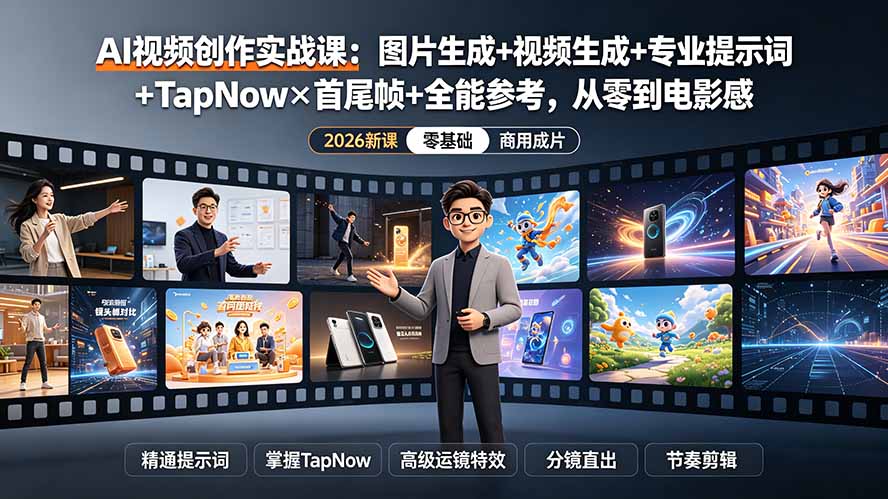 AI视频创作实战课：图片生成+视频生成+专业提示词+TapNow×首尾帧+全能参考，从零到电影感成片-问小徐资源库
