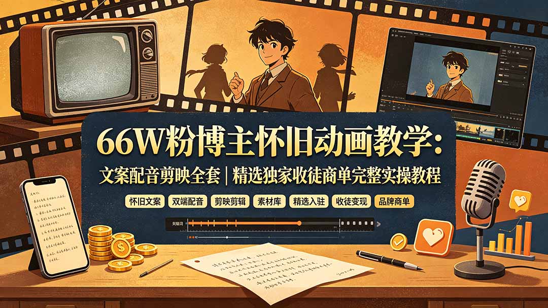 66W粉博主怀旧动画教学：文案配音剪映全套｜精选独家收徒商单完整实操教程-问小徐资源库