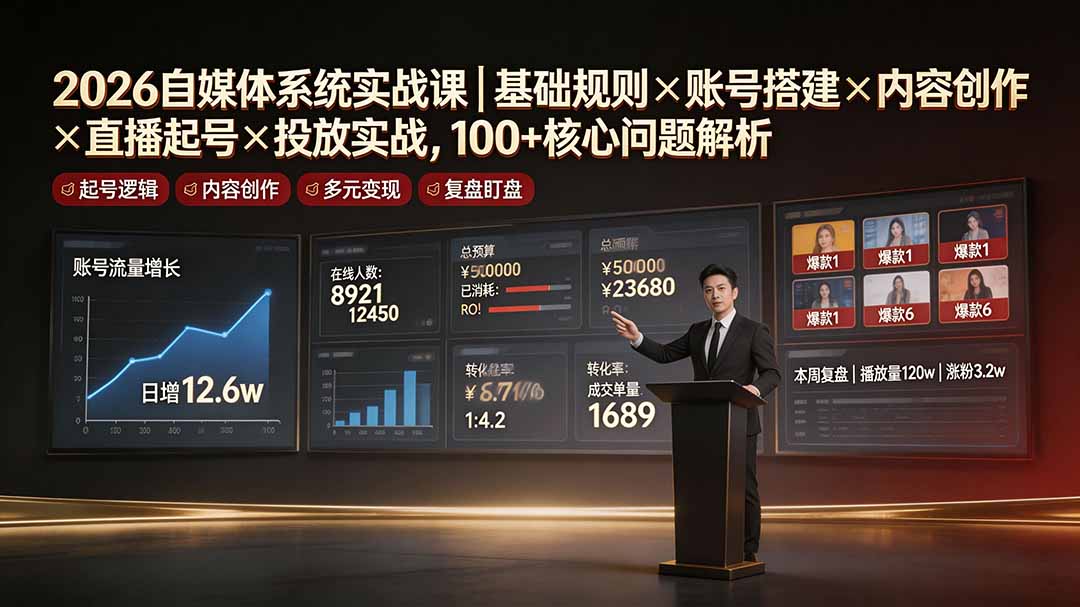 2026自媒体系统实战课|基础规则×账号搭建×内容创作×直播起号×投放实战,100+核心问题解析-问小徐资源库