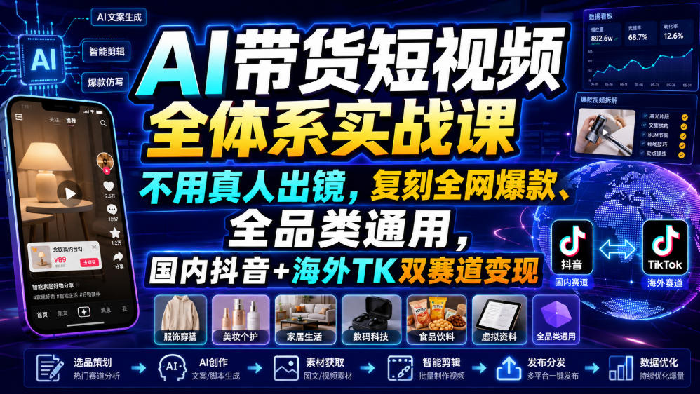 AI带货短视频全体系实战课，不用真人出镜，复刻全网爆款、全品类通用，国内抖音+海外TK双赛道变现-问小徐资源库