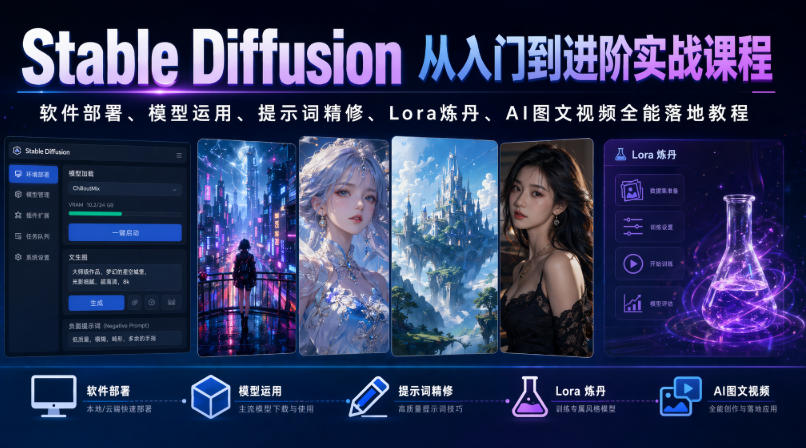 Stable Diffusion从入门到进阶实战课程｜软件部署、模型运用、提示词精修、Lora炼丹、AI图文视频全能落地教程-问小徐资源库
