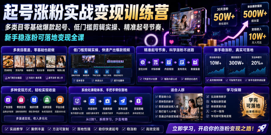 苗子起号涨粉实战变现训练营,多类目零基础爆款起号、精准起号节奏、新手稳涨粉可落地变现全课(更新0719)-问小徐资源库