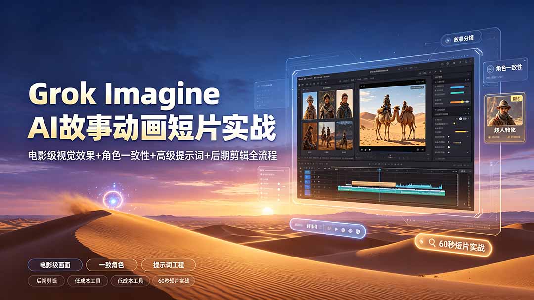 Grok Imagine AI故事动画短片实战：电影级视觉效果+角色一致性+高级提示词+后期剪辑全流程-问小徐资源库