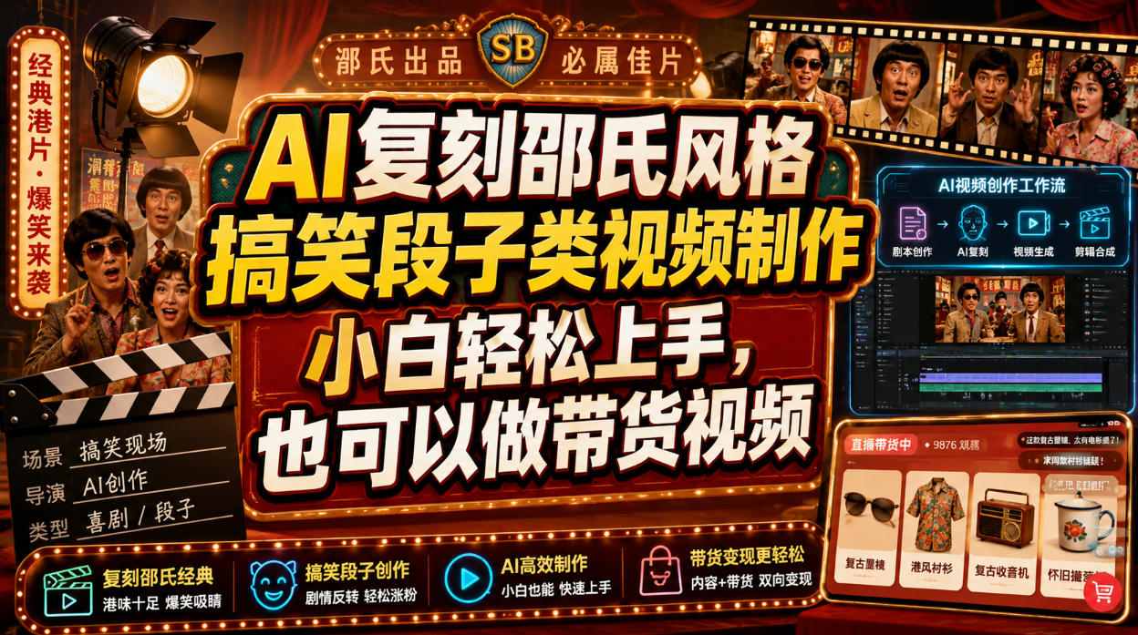 AI复刻邵氏风格搞笑段子类视频制作，小白轻松上手，也可以做带货视频-问小徐资源库