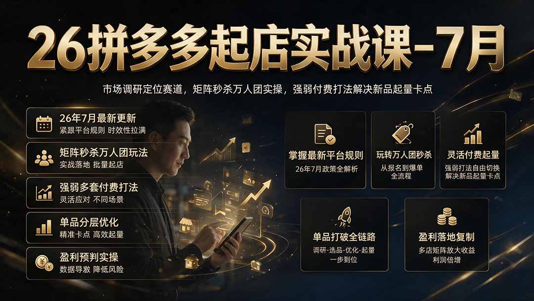 26拼多多起店实战课-7月｜市场调研定位赛道，矩阵秒杀万人团实操，强弱付费打法解决新品起量卡点-问小徐资源库