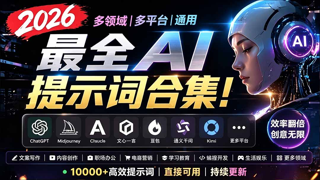 2026最全AI提示词合集!多领域多平台通用,涵盖AI绘画、电商主图、爆款文案,脚本创作等-问小徐资源库