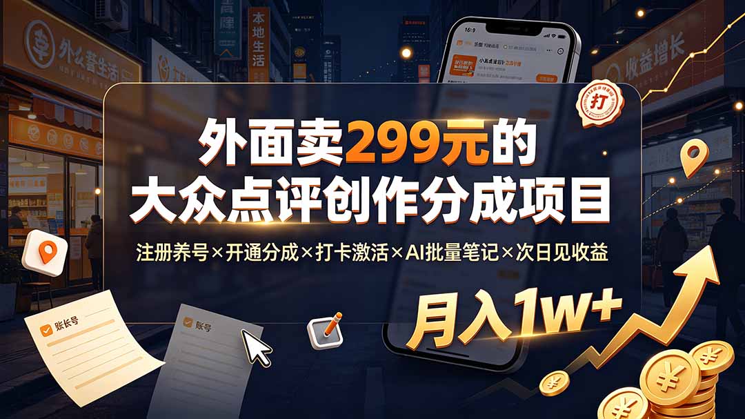 外面卖299元的大众点评创作分成项目：注册养号×开通分成×打卡激活×AI批量笔记×次日见收益，月入1w+-问小徐资源库