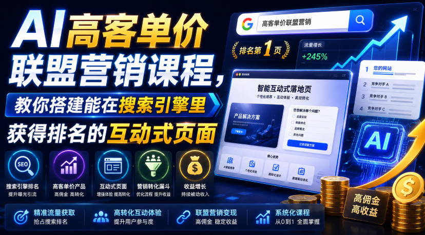 AI高客单价联盟营销课程，教你搭建能在搜索引擎里获得排名的互动式页面，引来流量，把访客转化为高佣金的成交【原创双语字幕】-问小徐资源库