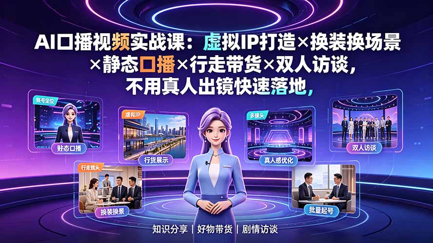 AI口播视频实战课：虚拟IP打造×换装换场景×静态口播×行走带货×双人访谈，不用真人出镜快速落地-问小徐资源库