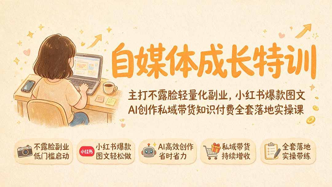 自媒体成长特训｜主打不露脸轻量化副业，小红书爆款图文AI创作私域带货知识付费全套落地实操课-问小徐资源库