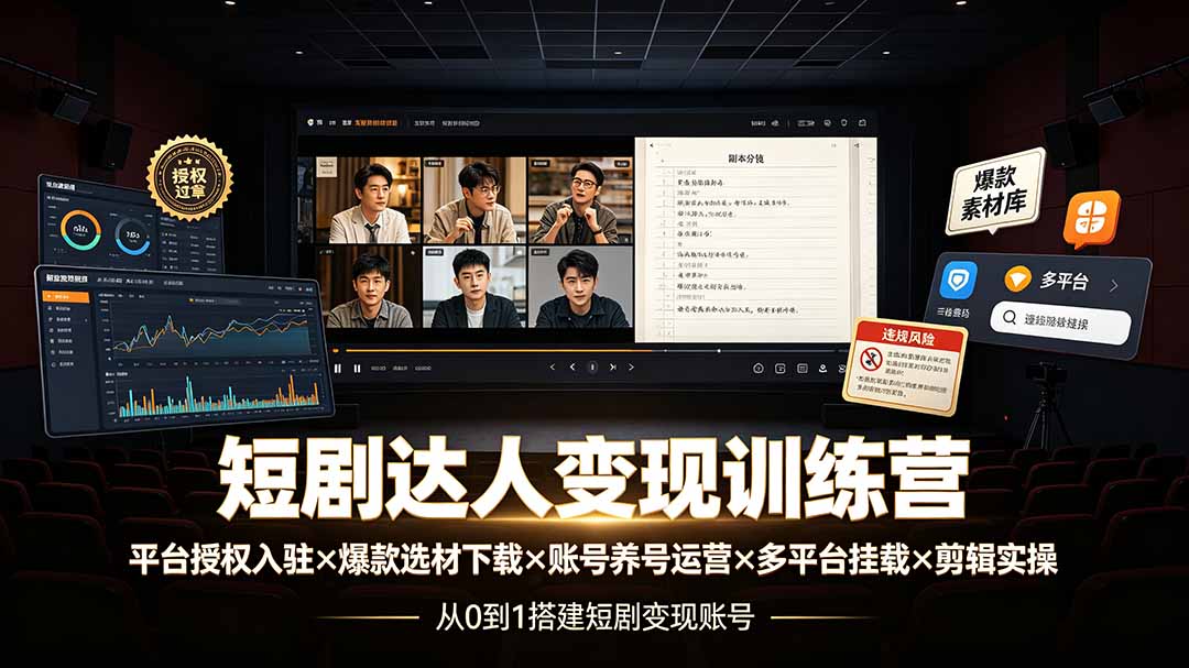 短剧达人变现训练营：平台授权入驻×爆款选材下载×账号养号运营×多平台挂载×剪辑实操×违规处理全流程-问小徐资源库