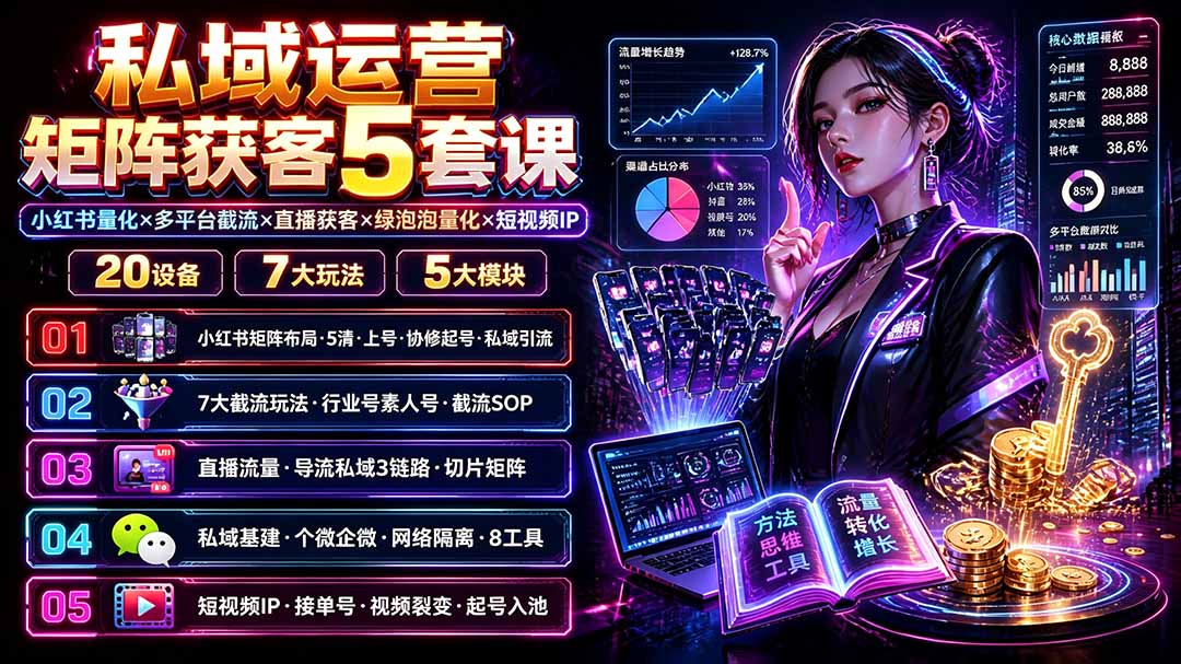 私域运营矩阵获客5套课：小红书量化×多平台截流×直播获客×绿泡泡量化×短视频IP×20设备×7大玩法-问小徐资源库